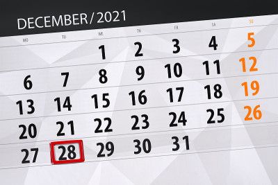 2021年12月的日历计划，截止日期，28日，周二
