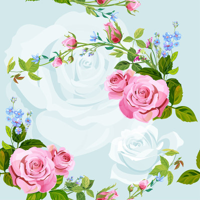 矢量方形花无缝模式与枝卷曲粉红玫瑰，花束与蓝色花勿忘我，花蕾，绿色茎，叶在蓝色背景，数字绘图插图，复