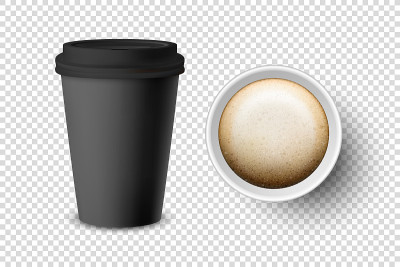 矢量3d现实黑色一次性关闭和打开纸，塑料咖啡杯饮料与黑色盖子设置特写孤立。设计模板模型。顶视图和前视