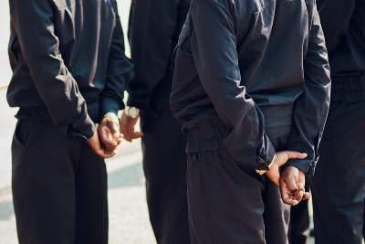腿上的警察守卫着施工后视图的黑手。非裔美国人