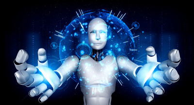 AI humanoid robot holding hologram screen shows co