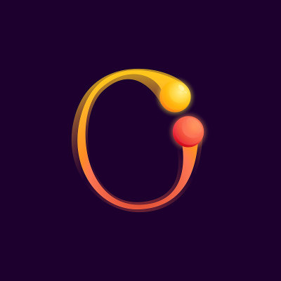O字标志与彩色的球体或点和连接线。