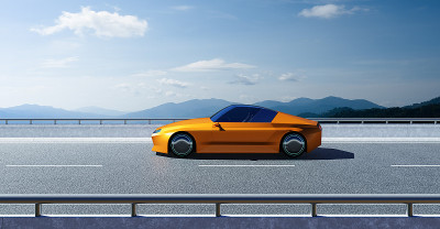 沥青路面上的电动概念车。3d渲染与我自己的创意设计。