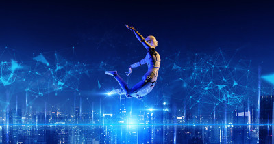 跳跃3D类人机器人元宇宙智慧城市数字世界背景，AI人工智能自动化数字技术概念，