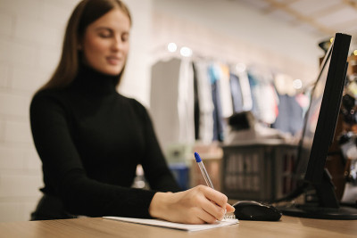 年轻的店员在服装店用电脑工作。美丽的女职工