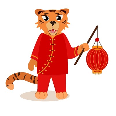 矢量插图，一只老虎穿着传统服装，手里拿着手电筒庆祝中国新年。孤立在白色背景上