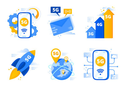 网络5克。第五代电信，快速互联网连接速度和低延迟网络矢量插图集