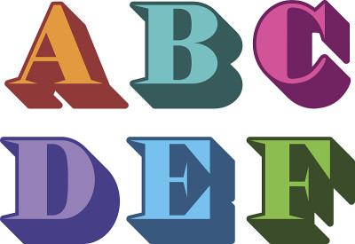 彩色字母serif A, B, C, D, E, F