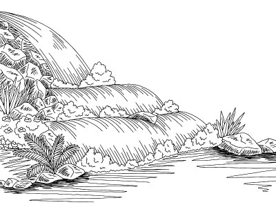 瀑布图形黑白景观素描插图向量