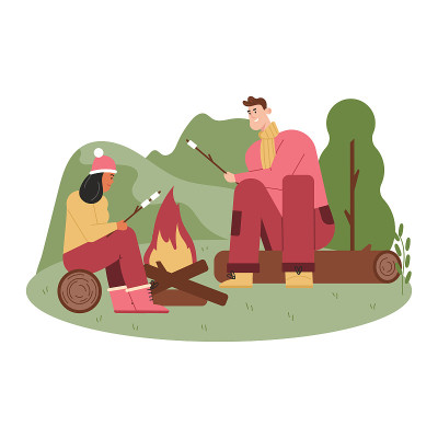 Man and woman frying marshmallows on fire, picnic 