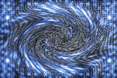 蓝色矩阵数字背景。扭曲的网络空间的概念。人物落入虫洞。入侵矩阵。虚拟现实设计。复杂的算法数据黑客。青