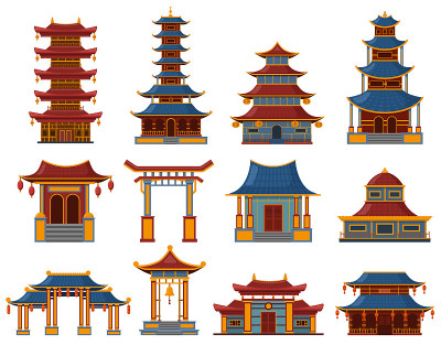 中国的建筑。建筑亚洲庙宇，宫殿和宝塔房屋，中国文化物体矢量插图集。东方传统建筑