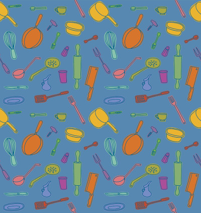 厨房用具无缝彩色图案上的蓝色背景