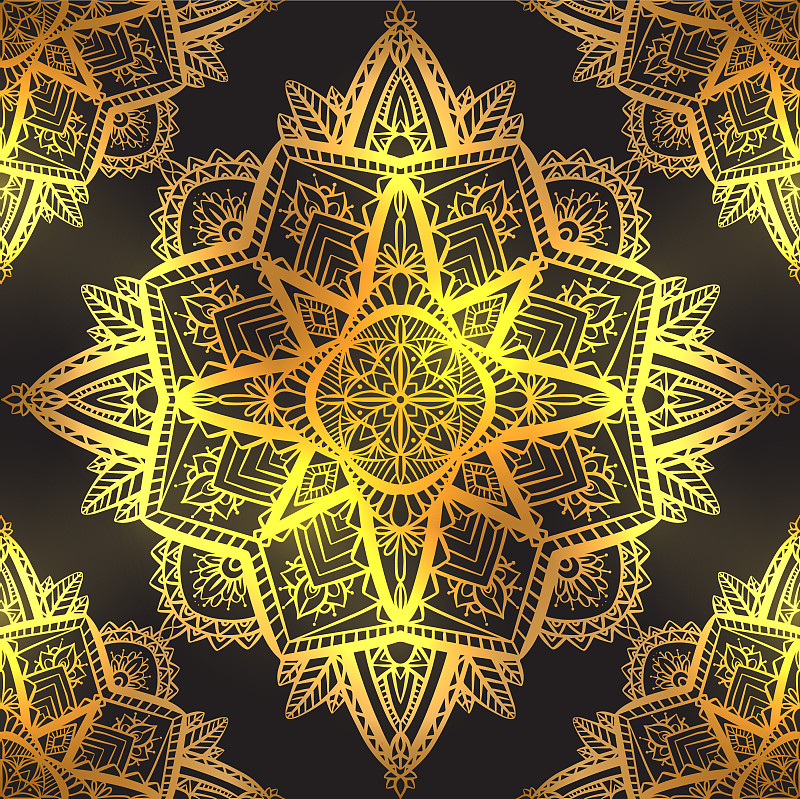 Seamless pattern of luxury gold mandalas on black 