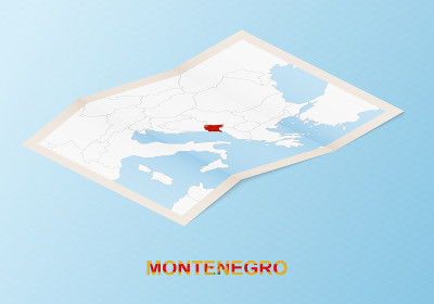 黑山与邻国的等距式折叠纸地图。