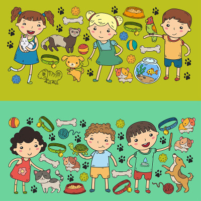 儿童动物园宠物商店兽医幼儿园的孩子与狗，仓鼠，猫动物和食物和配件