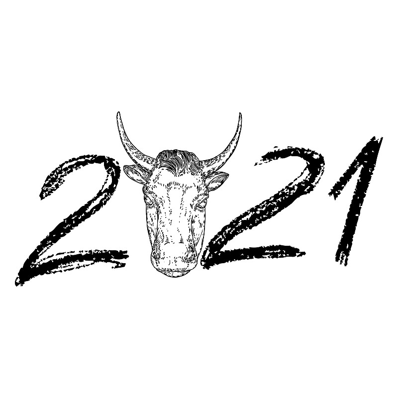 牛年，中国新年2021年。手写数字符号的公牛。卡片上有农历新年符号和星座符号。手绘向量。