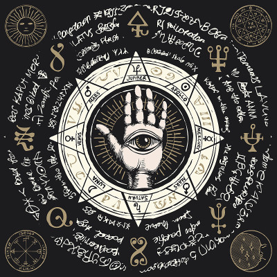 banner with open hand with all seeing eye symbol