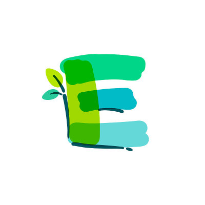 E字母标志与绿叶手写与毡尖笔。