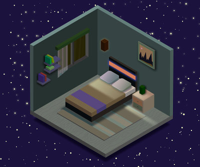 Isometric bedroom illustration. Vector flat illust