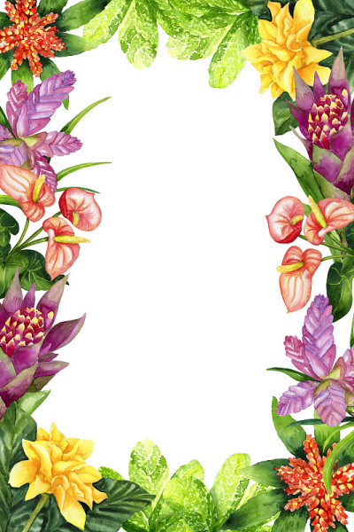 Watercolor bright frame with tropical flowers isol
