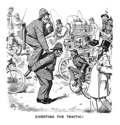 英国讽刺漫画漫画插图-警察分流交通-玩-偷懒
