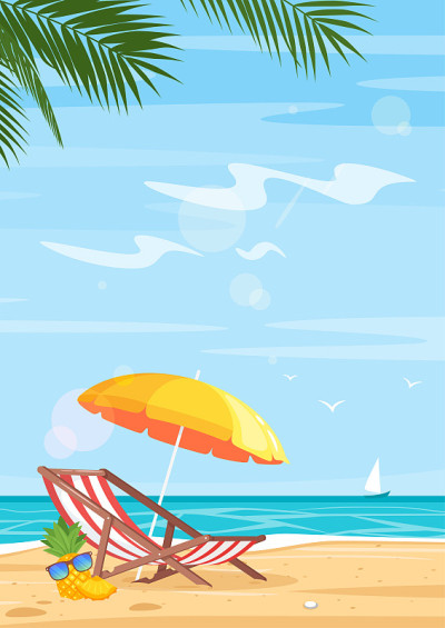 热带海滩和海面平坦矢量插图