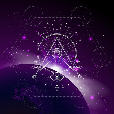 矢量插图的神圣或神秘的符号与日出和星星的空间背景。