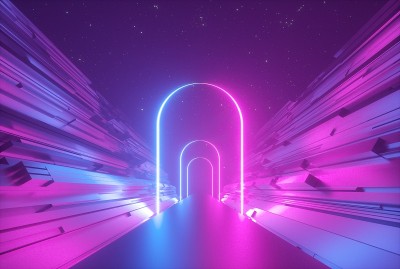 3d渲染，抽象神秘的背景，粉紫蓝霓虹拱门，奇怪的景观，在黑暗中发光的线条，紫外线光，虚拟现实