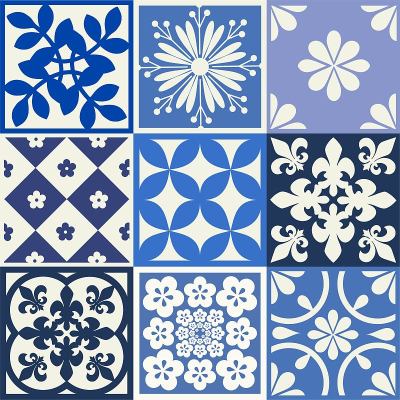 蓝色葡萄牙瓷砖图案-阿祖霍斯矢量，时尚的室内设计瓷砖