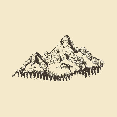 一个山峰，矢量草图的标签，海报等。山景与森林，手绘插图。