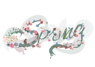 用鸟和花装饰的春字设计。