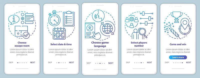 逃离房间预订教程上的手机应用页面屏幕线性概念。选择日期。蓝色演练步骤图形说明。UX, UI, GUI预览效果