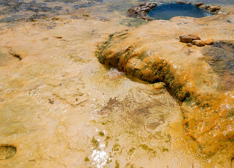 在希腊埃维亚岛的希腊温泉度假村Loutra Edipsou，矿床的纹理和海滩与温泉的自然浴场的景色