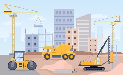 建筑工地。景观施工过程用起重机、推土机、挖掘机和混凝土搅拌机机。城市建设平面矢量概念