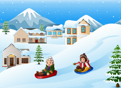 孩子们在雪地里玩雪橇