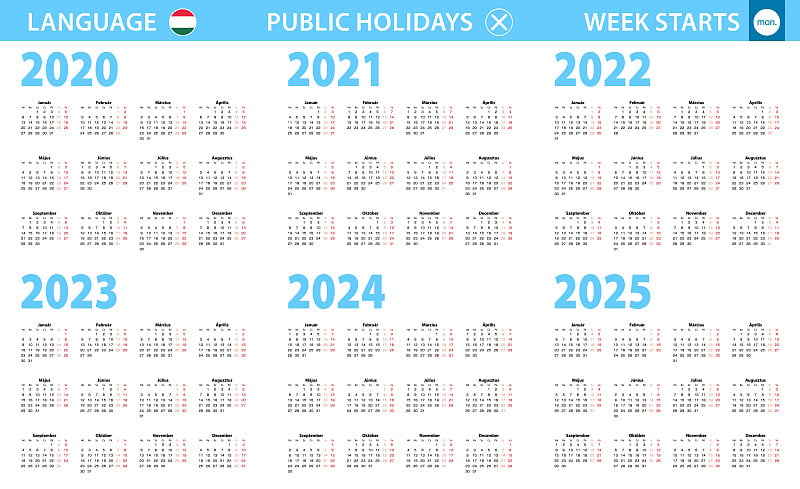 匈牙利语日历2020年，2021年，2022年，2023年，2024年，2025年。一周从星期一开始