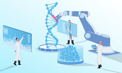 科学家们在实验室里对DNA进行遗传分析。围绕创新的图形和技术