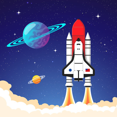 火箭在太空发射，行星恒星暗天空插图矢量