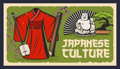 日本盆景、坠子、和服、三味线和艺妓