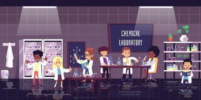 化学实验室与实验儿童，平面矢量插图。