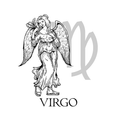 手绘处女座。生肖符号在vintage凹版或素描风格。神话中有翅膀的女孩(天使)。复古占星星座神秘的插