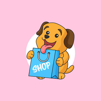小狗狗抱购物袋动物商店吉祥物矢量插图