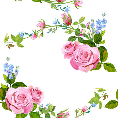矢量方形花无缝模式与枝卷曲粉红玫瑰，花束与蓝色花勿忘我，花蕾，绿色茎，叶在白色背景，数字绘图插图，复