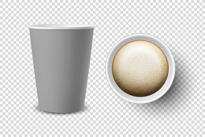 矢量3d现实灰色一次性打开的纸，塑料咖啡杯的饮料图标设置特写孤立在透明的背景。设计模板模型。顶视图和