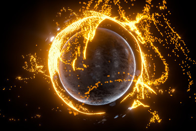 环绕在行星周围的发光粒子，3d渲染。