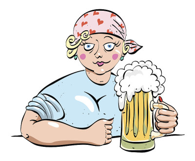 勤劳的女人喝着啤酒的卡通形象