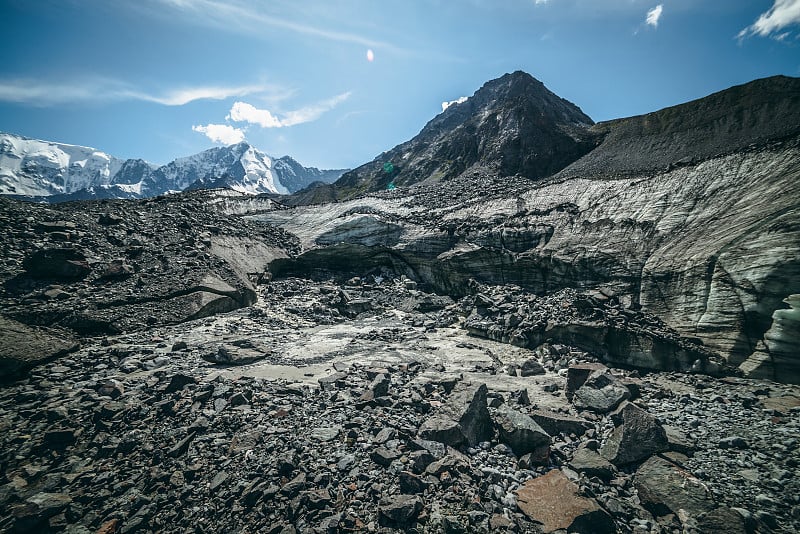 风景优美的高地景观与大开裂的冰川与划痕之间的冰碛在高雪峰和岩石顶部的背景。巨大的冰川和巨大的雪山，令