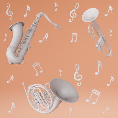 用乐器演奏的乐曲的3D渲染。插图显示了低音号、萨克斯管和法国号。音符的图片