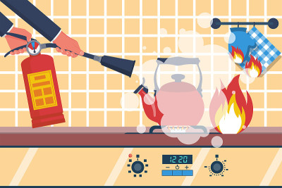 厨房着火了。厨房里发生了事故